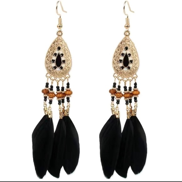 Black Feather Beaded Tear Drop Gold Earrings - Picture 3 of 10